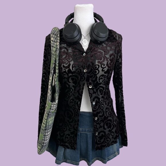 American Vintage Tops - y2k dark brown boho whimsygoth grunge sheer button up top